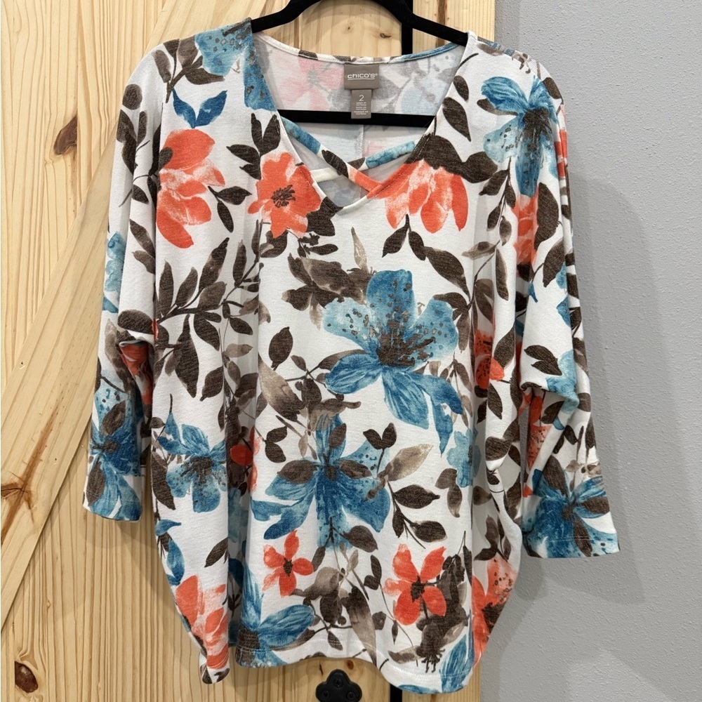 Chicos Women's Floral V-Neck Top - White, Brown, Orange, Blue